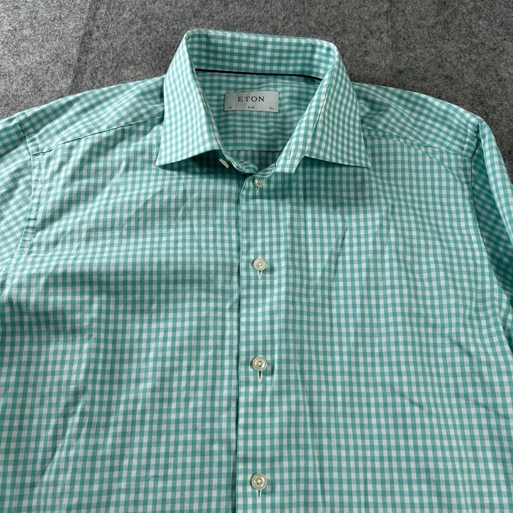 ETON Slim Fit Shirt Mens 42 16.5 Green Gingham Plaid Cotton Mitered Cuff - Picture 4 of 10